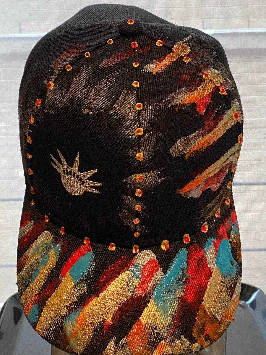 Silver Liberty Embroidered, Original Hand Painted, Black Baseball Cap - One Size Fits All - Michele Benjamin - Jewelry Design Headwear, Hat, Baseball Cap