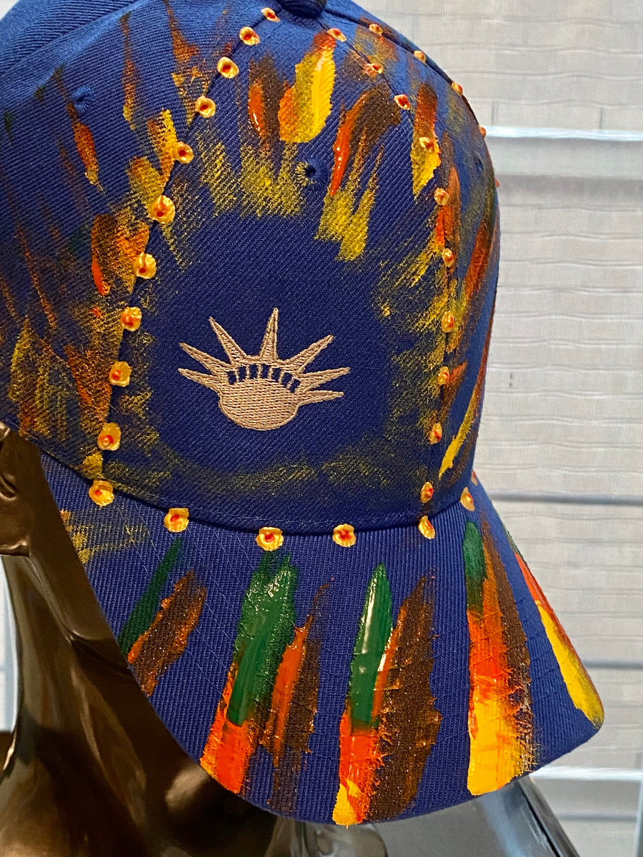 Silver Liberty Embroidered, Original Hand Painted, Blue Baseball Cap - One Size Fits All - Michele Benjamin - Jewelry Design Headwear, Hat, Baseball Cap