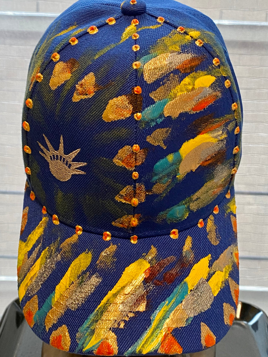 Silver Liberty Embroidered, Original Hand Painted, Blue Baseball Cap - One Size Fits All - Michele Benjamin - Jewelry Design Headwear, Hat, Baseball Cap
