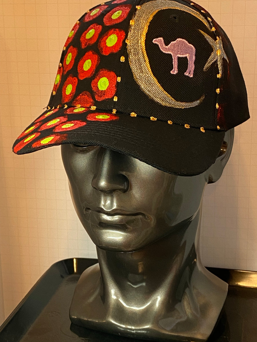 Dubai Camel Pink Embroidered, Original Hand Painted, Black Baseball Cap - Adult One Size Fits All - Michele Benjamin - Jewelry Design Headwear, Hat, Baseball Cap