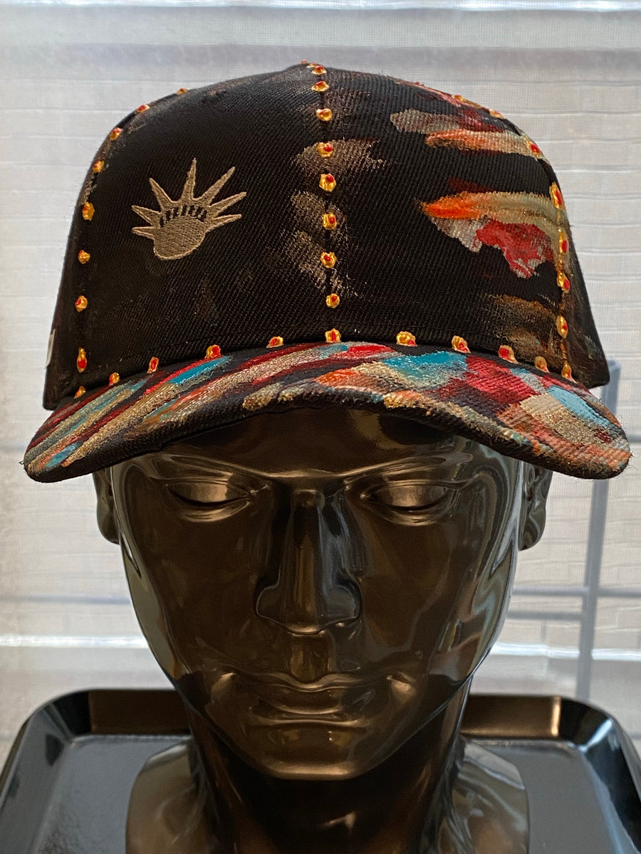 Silver Liberty Embroidered, Original Hand Painted, Black Baseball Cap - One Size Fits All - Michele Benjamin - Jewelry Design Headwear, Hat, Baseball Cap