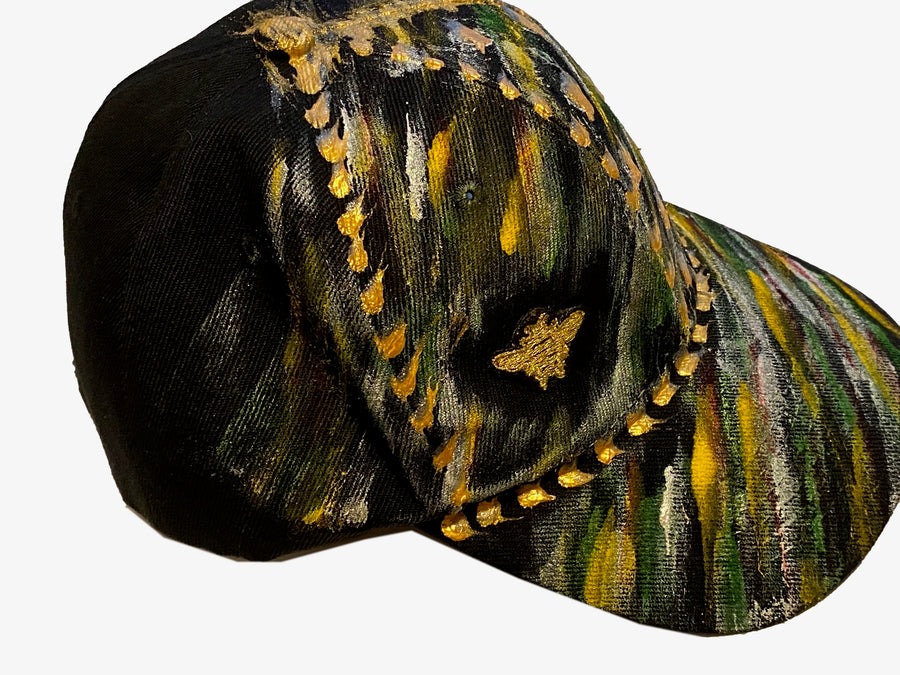 Gold Bee Embroidered, Original Hand Painted, Black Baseball Cap - One Size Fits All - Michele Benjamin - Jewelry Design Headwear, Hat, Baseball Cap