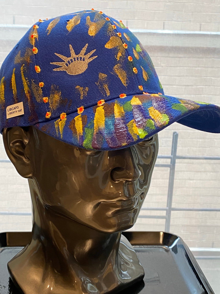 Silver Liberty Embroidered, Original Hand Painted, Blue Baseball Cap - One Size Fits All - Michele Benjamin - Jewelry Design Headwear, Hat, Baseball Cap