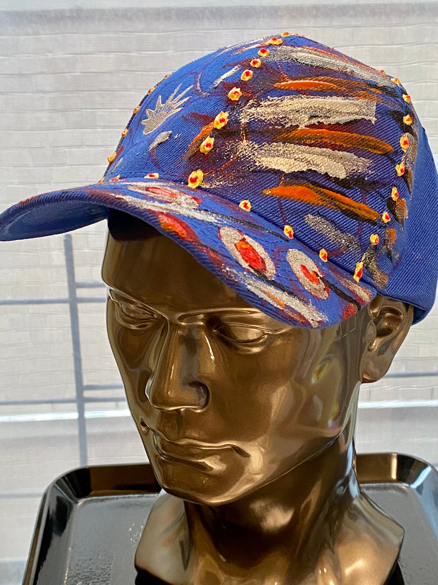 Silver Liberty Embroidered, Original Hand Painted, Blue Baseball Cap - One Size Fits All - Michele Benjamin - Jewelry Design Headwear, Hat, Baseball Cap