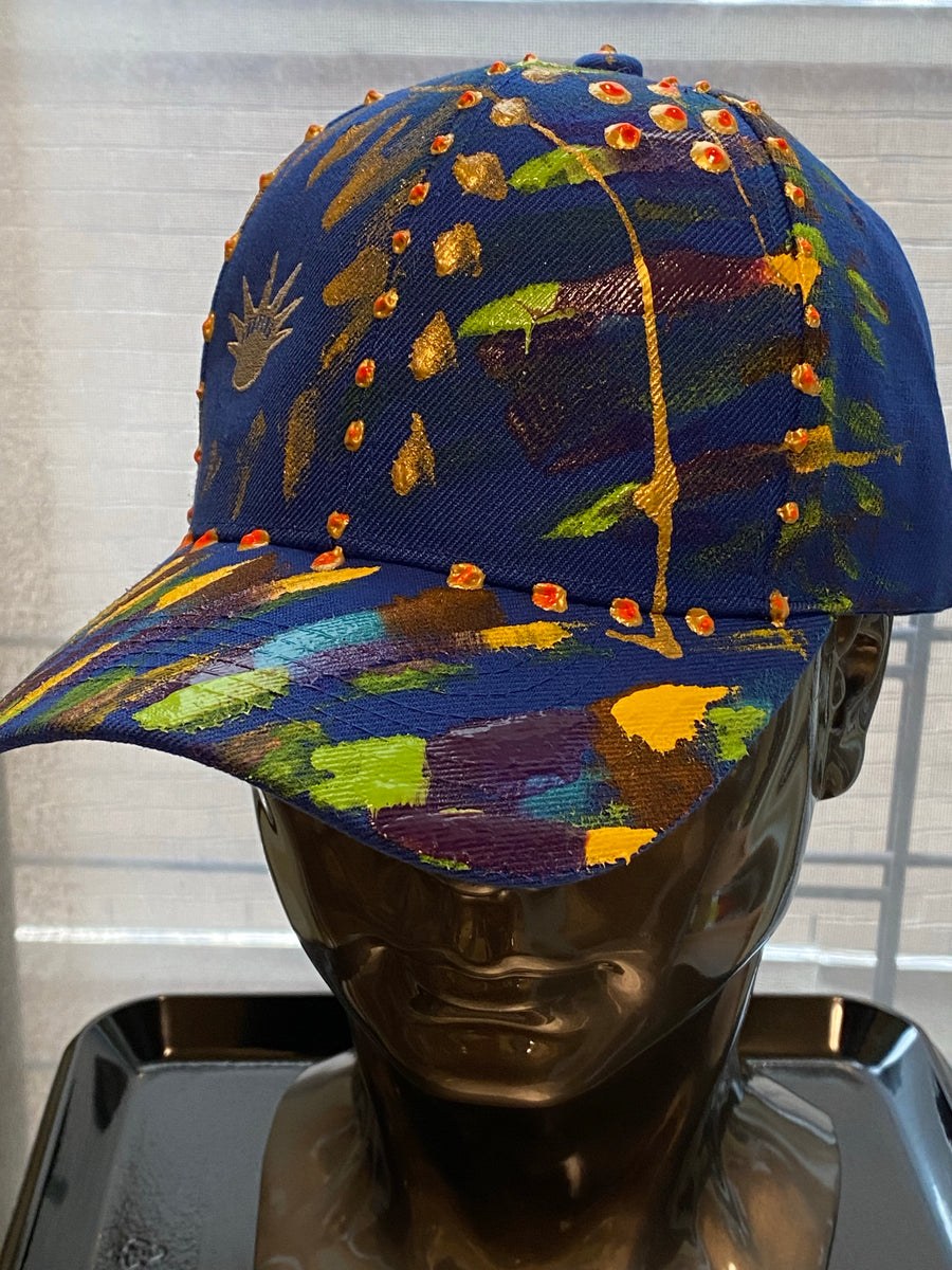 Silver Liberty Embroidered, Original Hand Painted, Blue Baseball Cap - One Size Fits All - Michele Benjamin - Jewelry Design Headwear, Hat, Baseball Cap