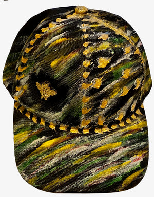 Gold Bee Embroidered, Original Hand Painted, Black Baseball Cap - One Size Fits All - Michele Benjamin - Jewelry Design Headwear, Hat, Baseball Cap