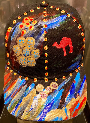 Dubai Camel Red Embroidered, Original Hand Painted, Black Baseball Cap - Adult One Size Fits All - Michele Benjamin - Jewelry Design Headwear, Hat, Baseball Cap