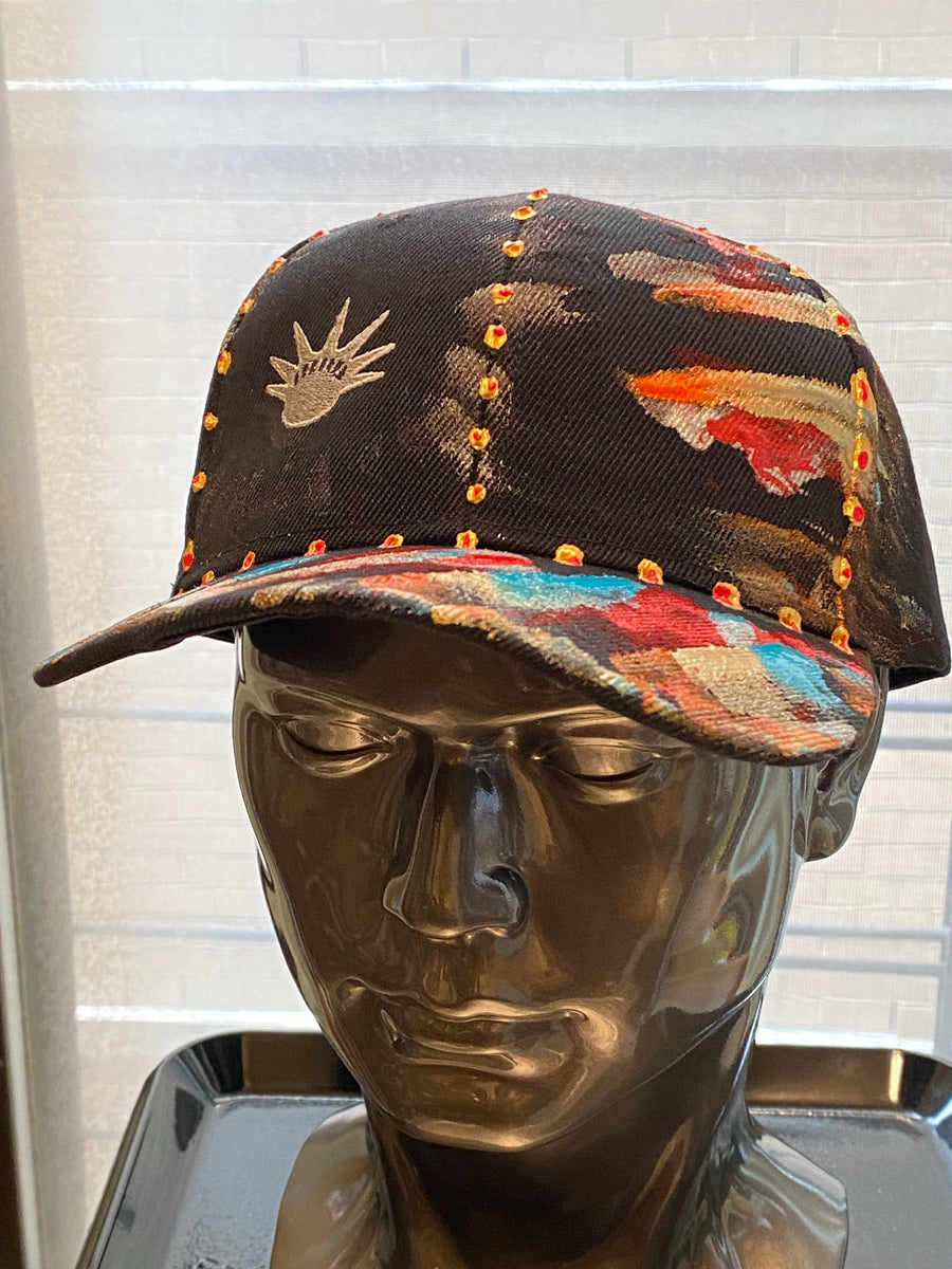 Silver Liberty Embroidered, Original Hand Painted, Black Baseball Cap - One Size Fits All - Michele Benjamin - Jewelry Design Headwear, Hat, Baseball Cap