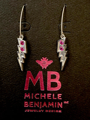 Lightning Bolt Ruby Sterling Silver “D” Hook Dangle Earrings 2 inch L. - Michele Benjamin - Jewelry Design Fine Jewelry - Sterling Silver Earrings