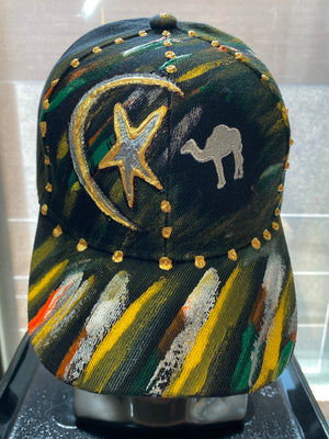 Dubai Camel Crescent Star Silver Embroidered, Original Hand Painted, Black Baseball Cap -One Size Fits All - Michele Benjamin - Jewelry Design Headwear, Hat, Baseball Cap