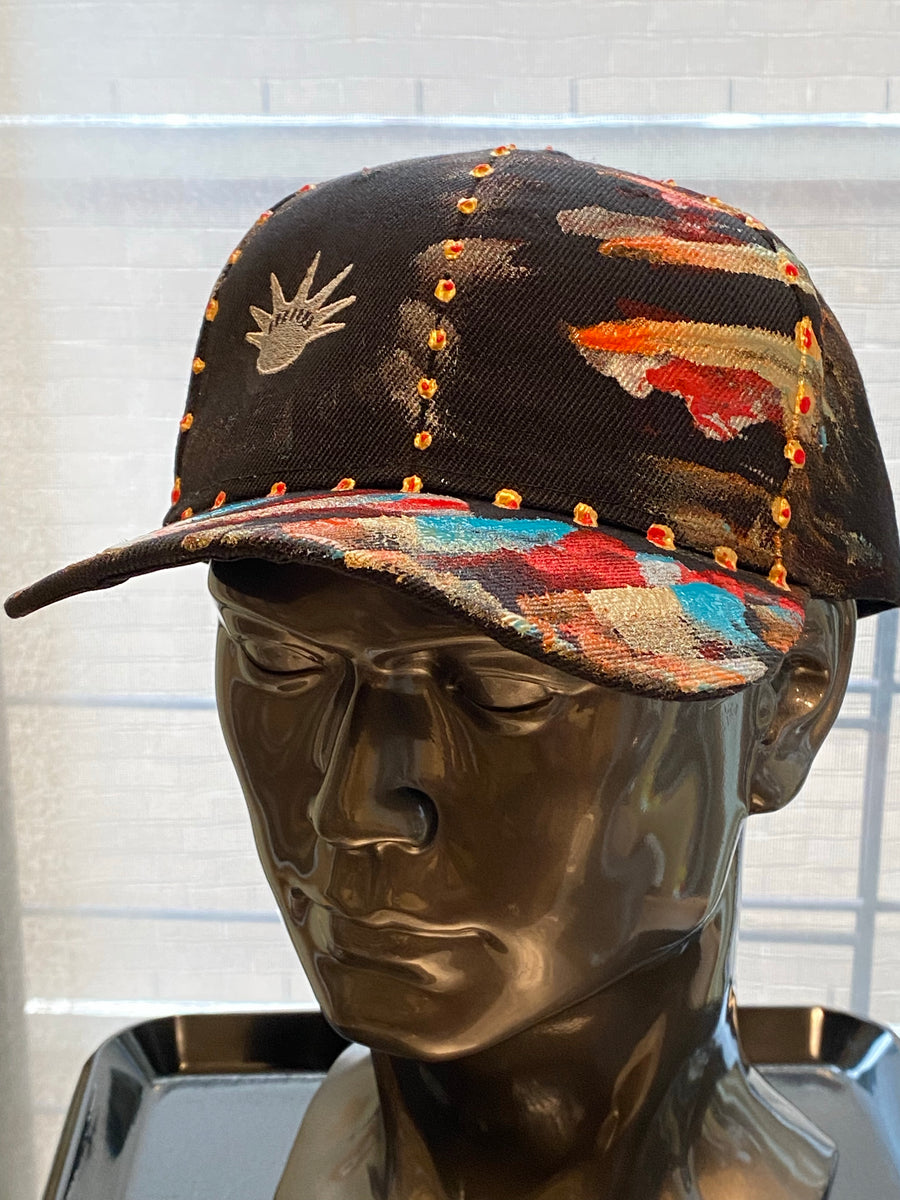 Silver Liberty Embroidered, Original Hand Painted, Black Baseball Cap - One Size Fits All - Michele Benjamin - Jewelry Design Headwear, Hat, Baseball Cap