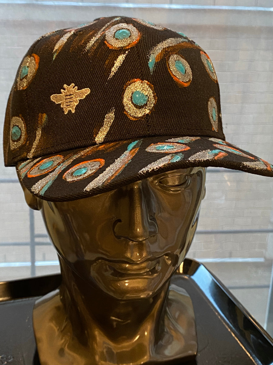 Silver Bee Embroidered, Bulls-Eye Original Hand Painted, Black Baseball Cap - One Size Fits All - Michele Benjamin - Jewelry Design Headwear, Hat, Baseball Cap