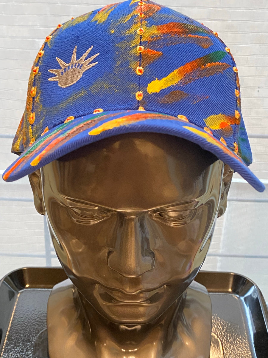 Silver Liberty Embroidered, Original Hand Painted, Blue Baseball Cap - One Size Fits All - Michele Benjamin - Jewelry Design Headwear, Hat, Baseball Cap