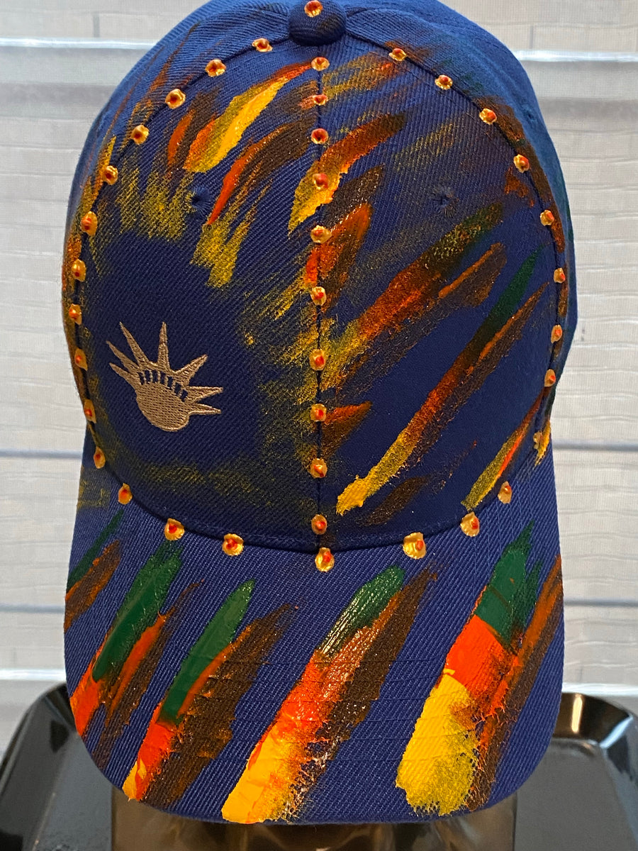 Silver Liberty Embroidered, Original Hand Painted, Blue Baseball Cap - One Size Fits All - Michele Benjamin - Jewelry Design Headwear, Hat, Baseball Cap