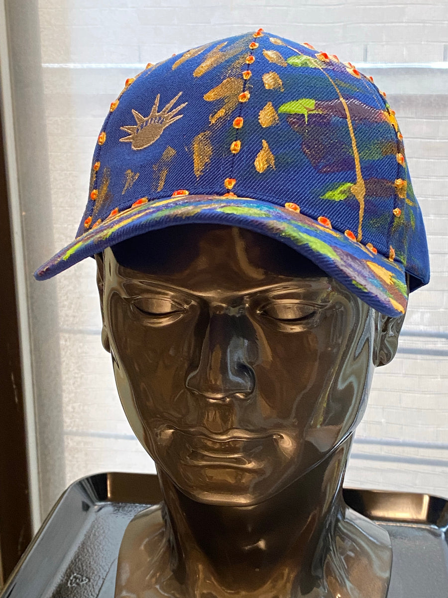 Silver Liberty Embroidered, Original Hand Painted, Blue Baseball Cap - One Size Fits All - Michele Benjamin - Jewelry Design Headwear, Hat, Baseball Cap