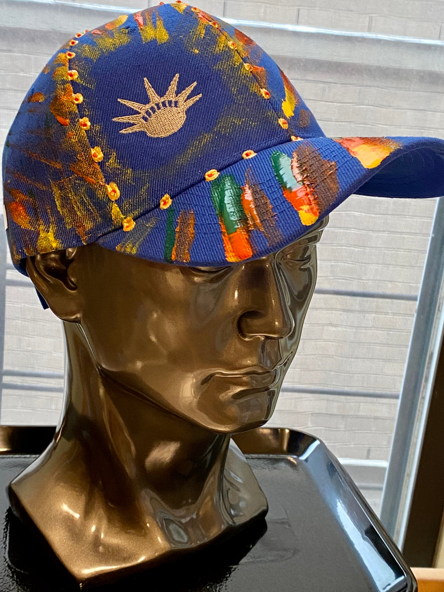 Silver Liberty Embroidered, Original Hand Painted, Blue Baseball Cap - One Size Fits All - Michele Benjamin - Jewelry Design Headwear, Hat, Baseball Cap